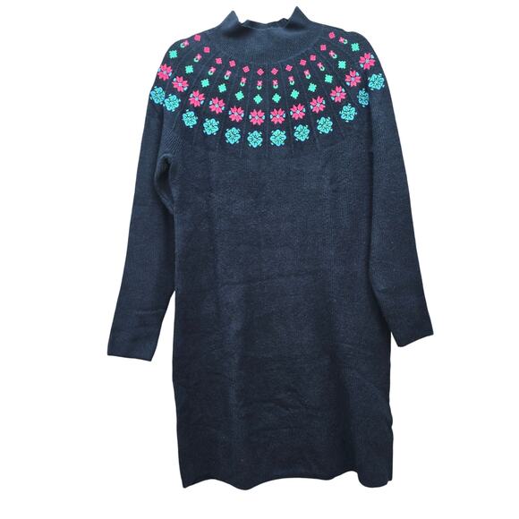 Talbots Sweater Dress Womens Medium Navy Embroidered Yoke Fair Isle Holiday New - Picture 2 of 8